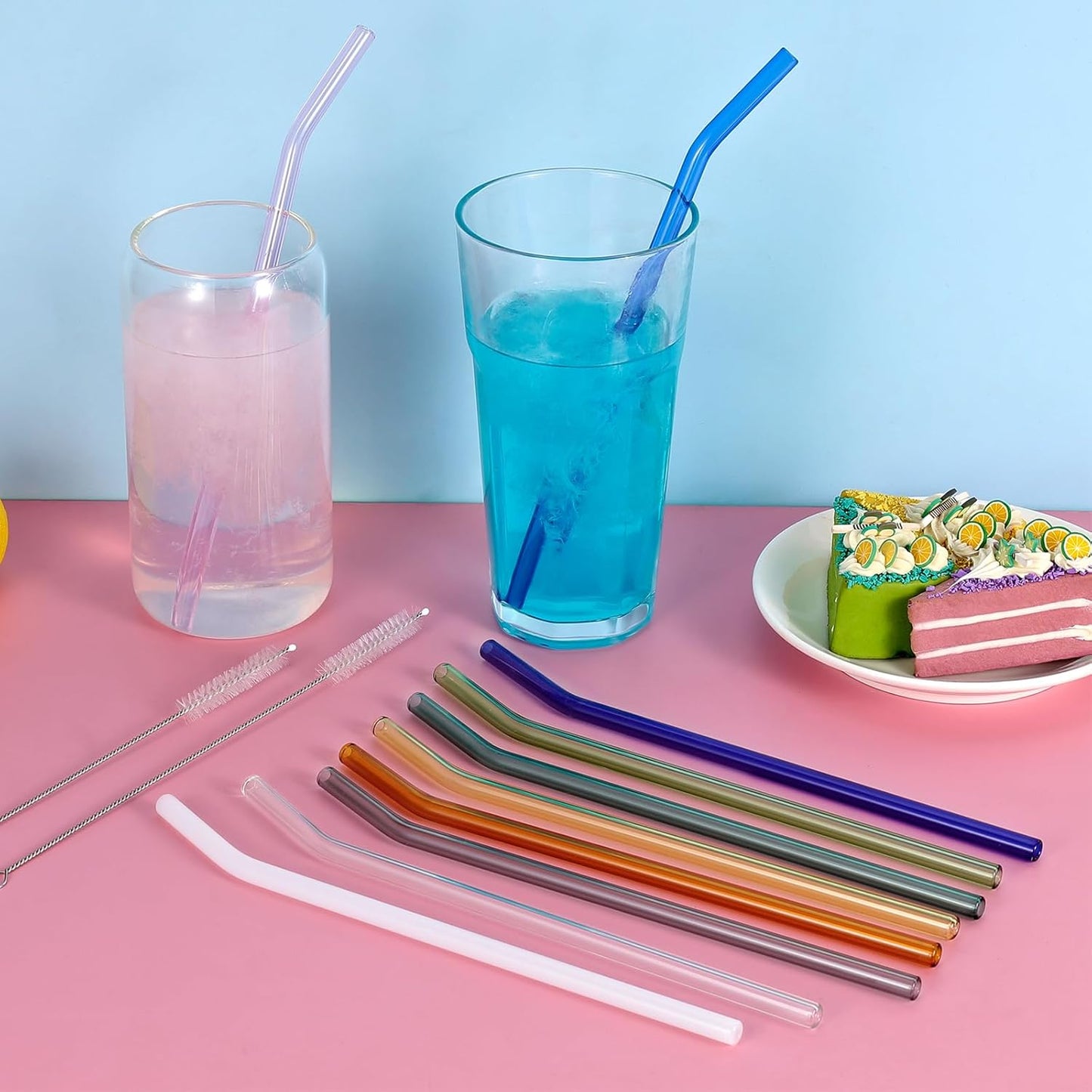 10 Pcs Reusable Bent Short Glass Straws,6''x8 mm Colorful Glass Straws Shatter Resistant with 2 Cleaner Brush for Short Tumblers,Whiskey&Cocktail Glasses Cups,Coffee Mugs