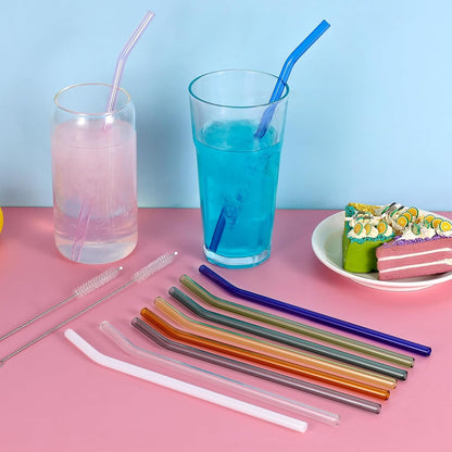 10 Pcs Reusable Bent Short Glass Straws,6''x8 mm Colorful Glass Straws Shatter Resistant with 2 Cleaner Brush for Short Tumblers,Whiskey&Cocktail Glasses Cups,Coffee Mugs