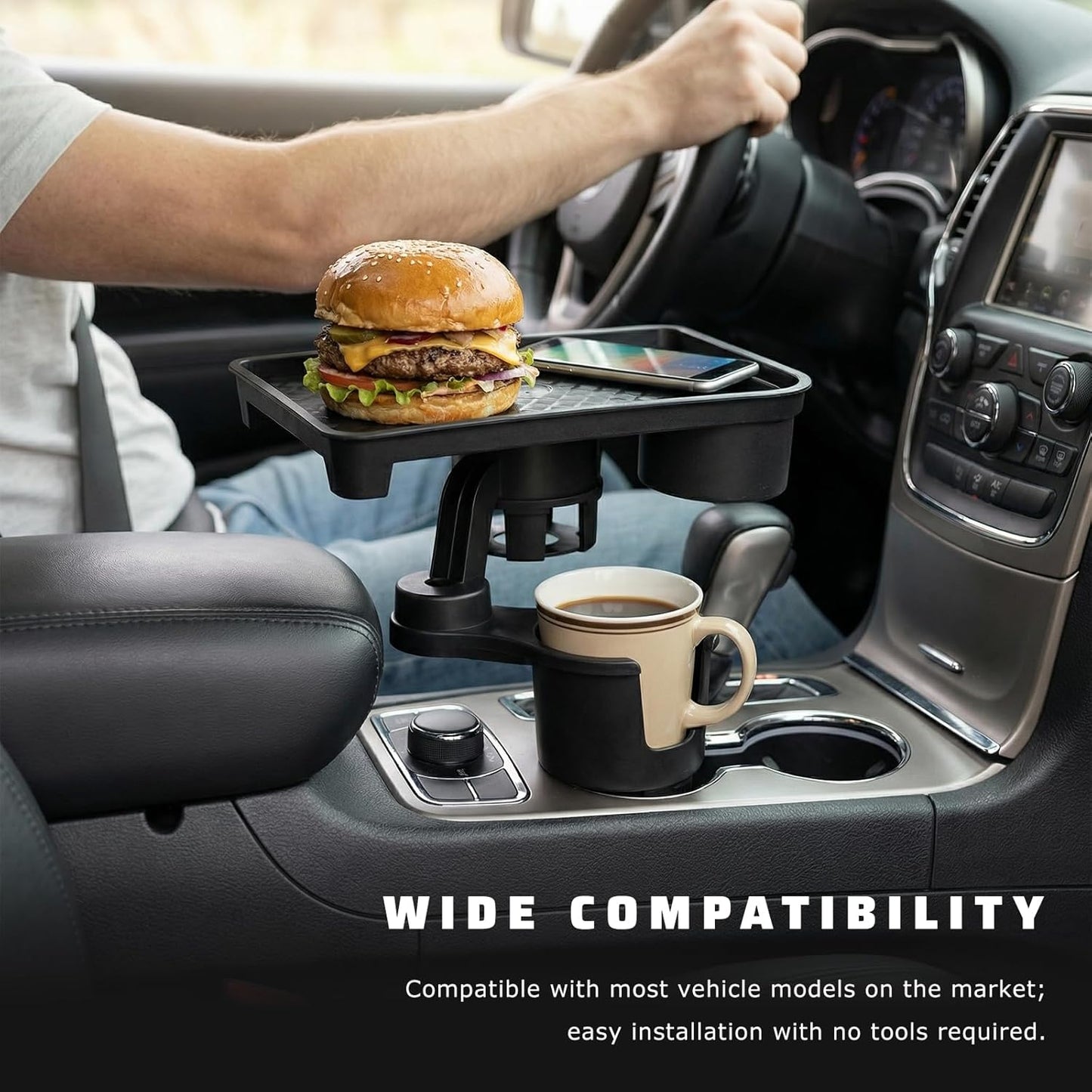 Car Cup Holder Tray, 2 in 1 Detachable Snack Food Tray Table with Cup Holder & Phone Slot, 360° Rotatable Cupholder Extender for Travel Road Essentials, Car Accessories