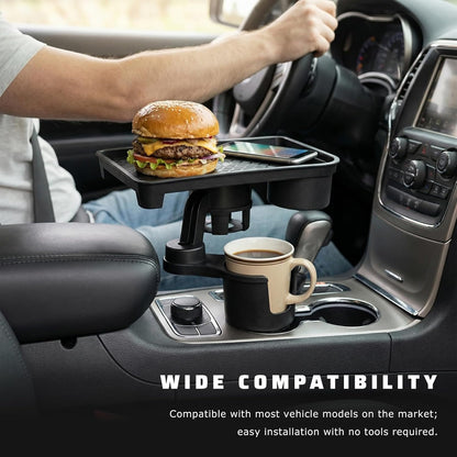 Car Cup Holder Tray, 2 in 1 Detachable Snack Food Tray Table with Cup Holder & Phone Slot, 360° Rotatable Cupholder Extender for Travel Road Essentials, Car Accessories
