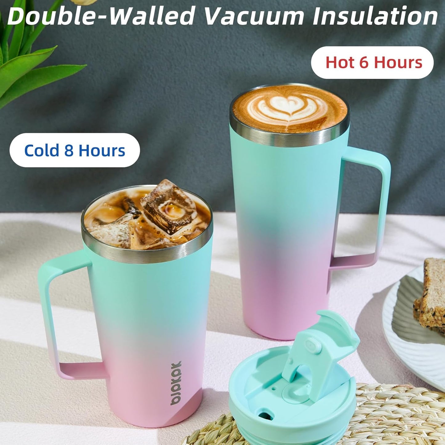 BJPKPK Insulated Tumbler with Handle, 18oz Insulated Tumblers with Lid and Straw, Stainless Steel Metal Water Bottles, Coffee Travel Mugs, Cups, Marshmallow
