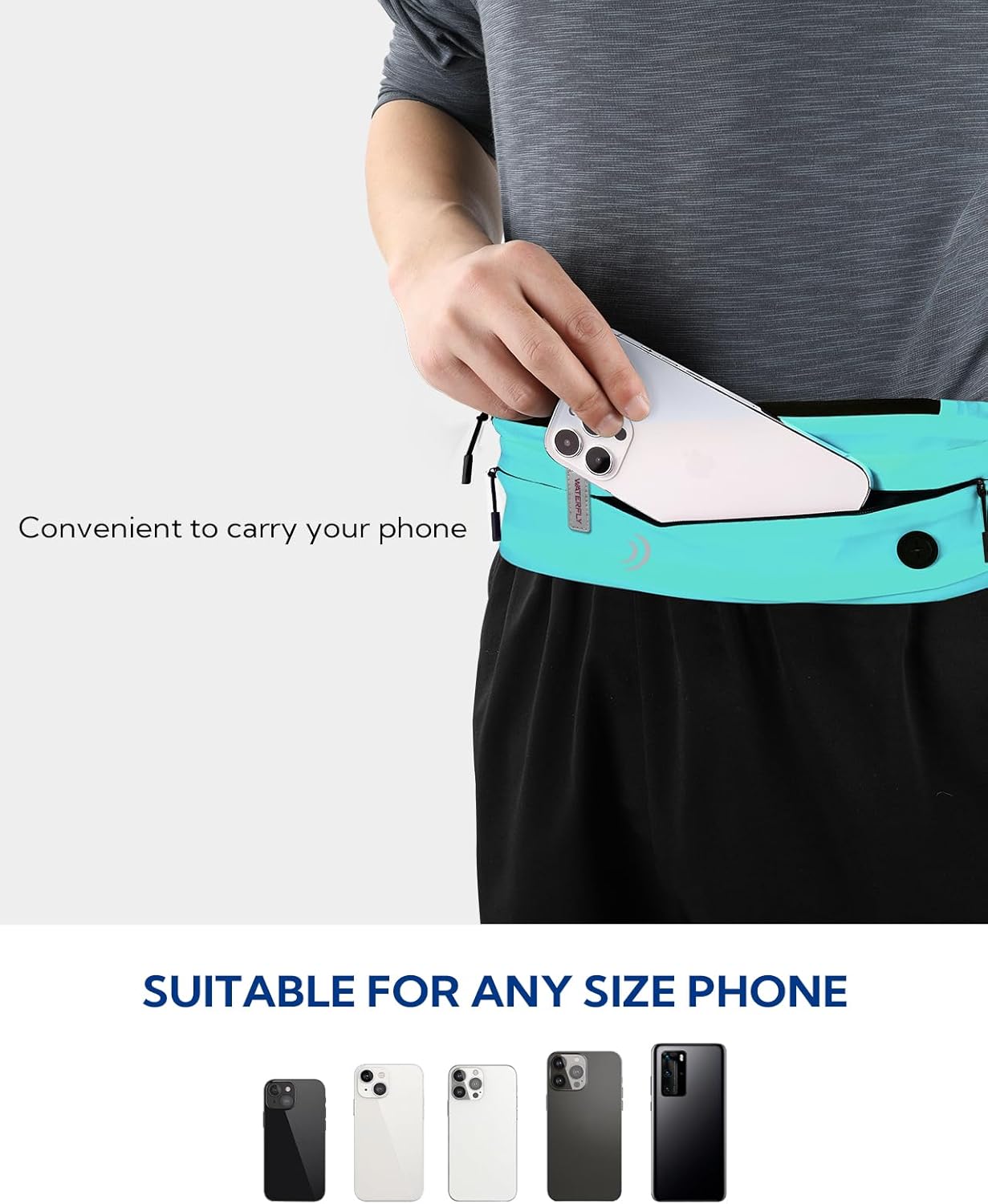 WATERFLY Running Belt Fanny Pack: Runner Marathon Jogging Waist Pack Sport Workout Exercise Fitness Phone Holder Belt for Men Women Jogger Slim Waist Bag Black