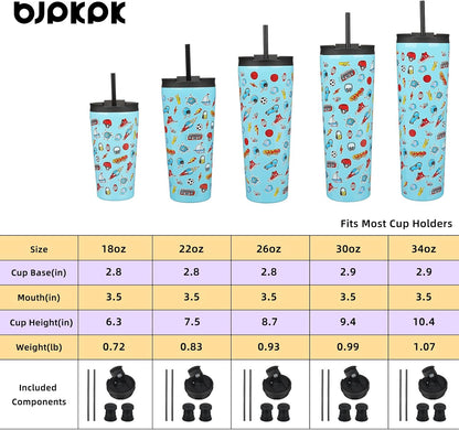 BJPKPK 22oz Insulated Tumbler With lid And Straw Stainless Steel Tumblers Travel Coffee Mug Reusable Thermal Cup,Sky