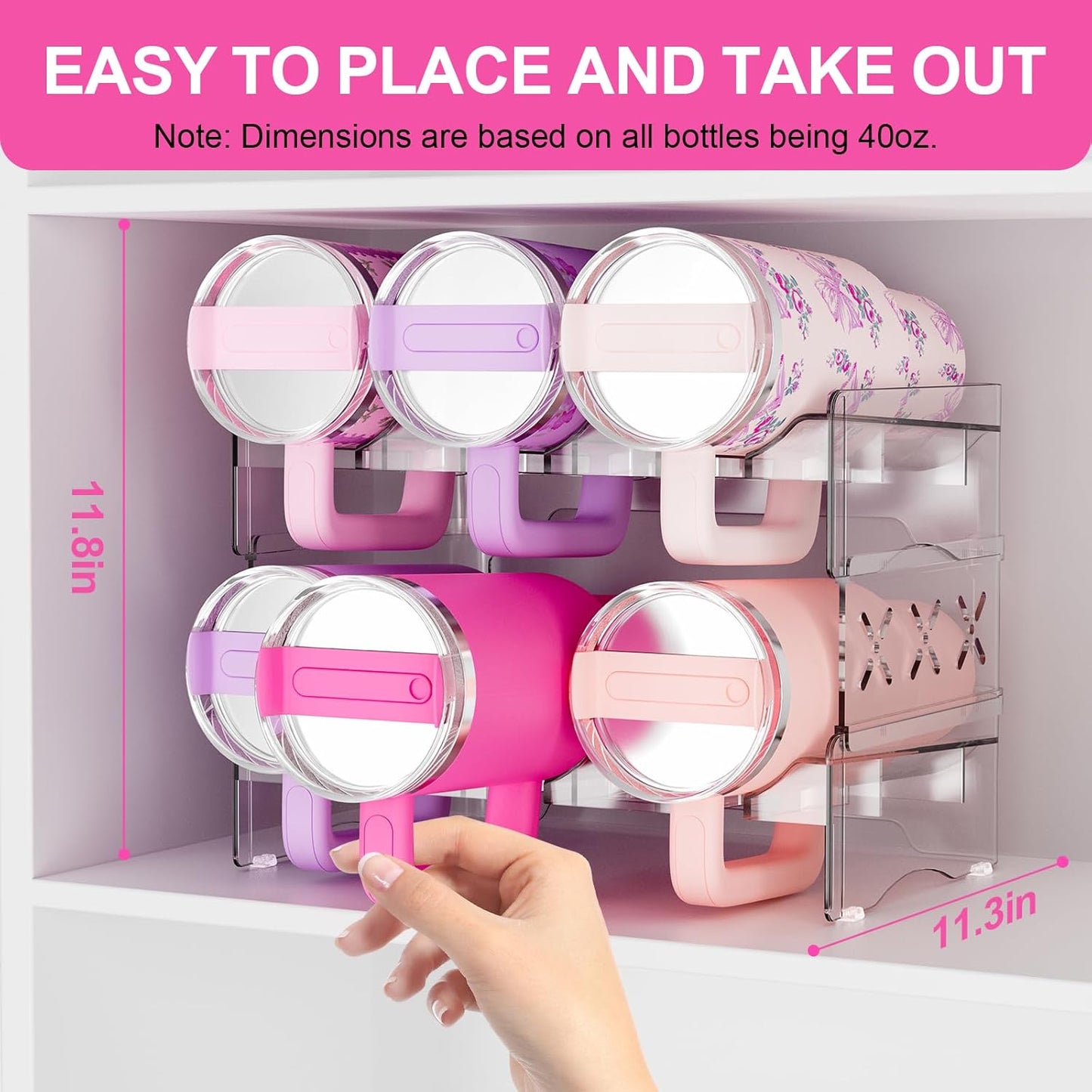 JYPS Tumbler Organizer, Acrylic Water Bottle Storage For Full Stanley 40oz Tumbler, Stackable Handle Cup Holder For Home Kitchen Pantry Countertop Cabinet, Size For Stanley/HydroJug/Owala/YETI/BrüMate