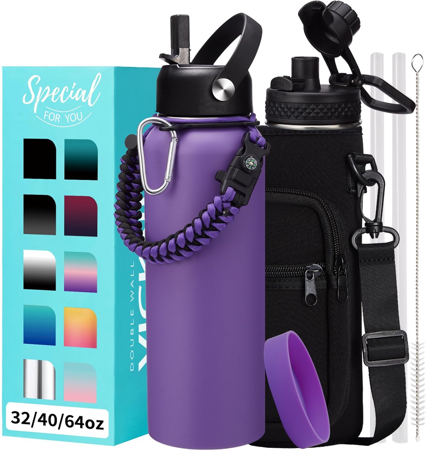 32/40/64OZ Insulated Water Bottle - Keep Cold 48H Hot 24H, Combo Straw/Spout Lids, Paracord Handle for Gym/Hiking, Carrier Bag +Strap, Cup Mat, BPA-Free Stainless Steel Flask Jug