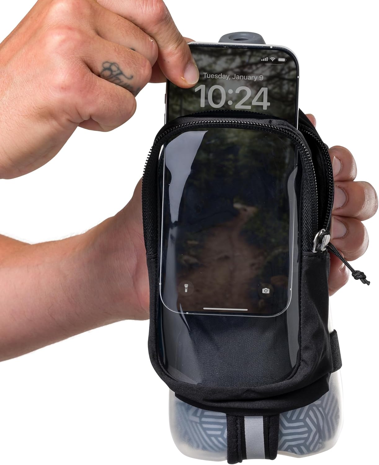 Nathan SpeedDraw 2 Insulated Handheld Running Water Bottle Flask 18oz – Double-Wall Insulation, Ergonomic Grip, Blast Valve Cap, Phone & Key Storage Pockets, Reflective Design