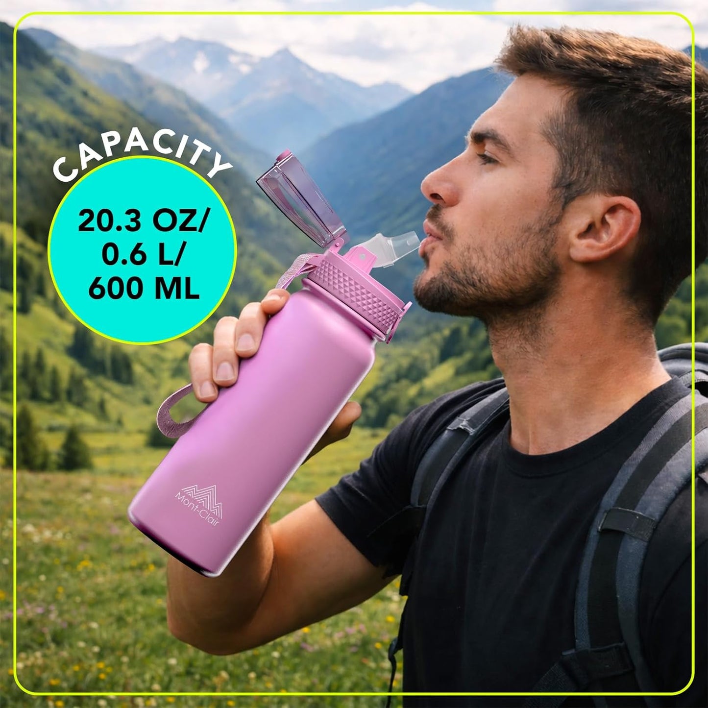 Mont-Clair Sport Water Bottle - 20oz Insulated Water Bottle with Straw - Patented Lid, BPA FREE, For Sports, Gym, Cycling, Bike - Quick Hydration - Black