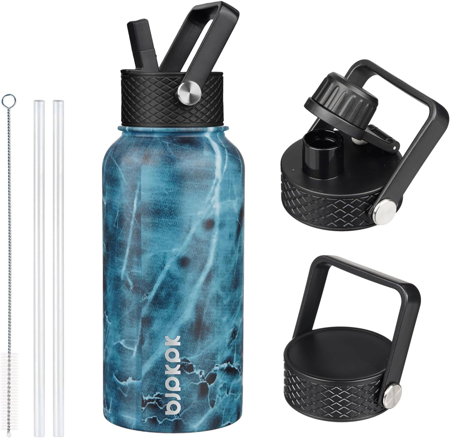 BJPKPK Insulated Water Bottles with Straw Lid, 40oz Stainless Steel Water Bottles with 3 Lids, BPA Free Leakproof Thermo, Tumblers, Cups for Sports, Gym- Midnight - Colors B