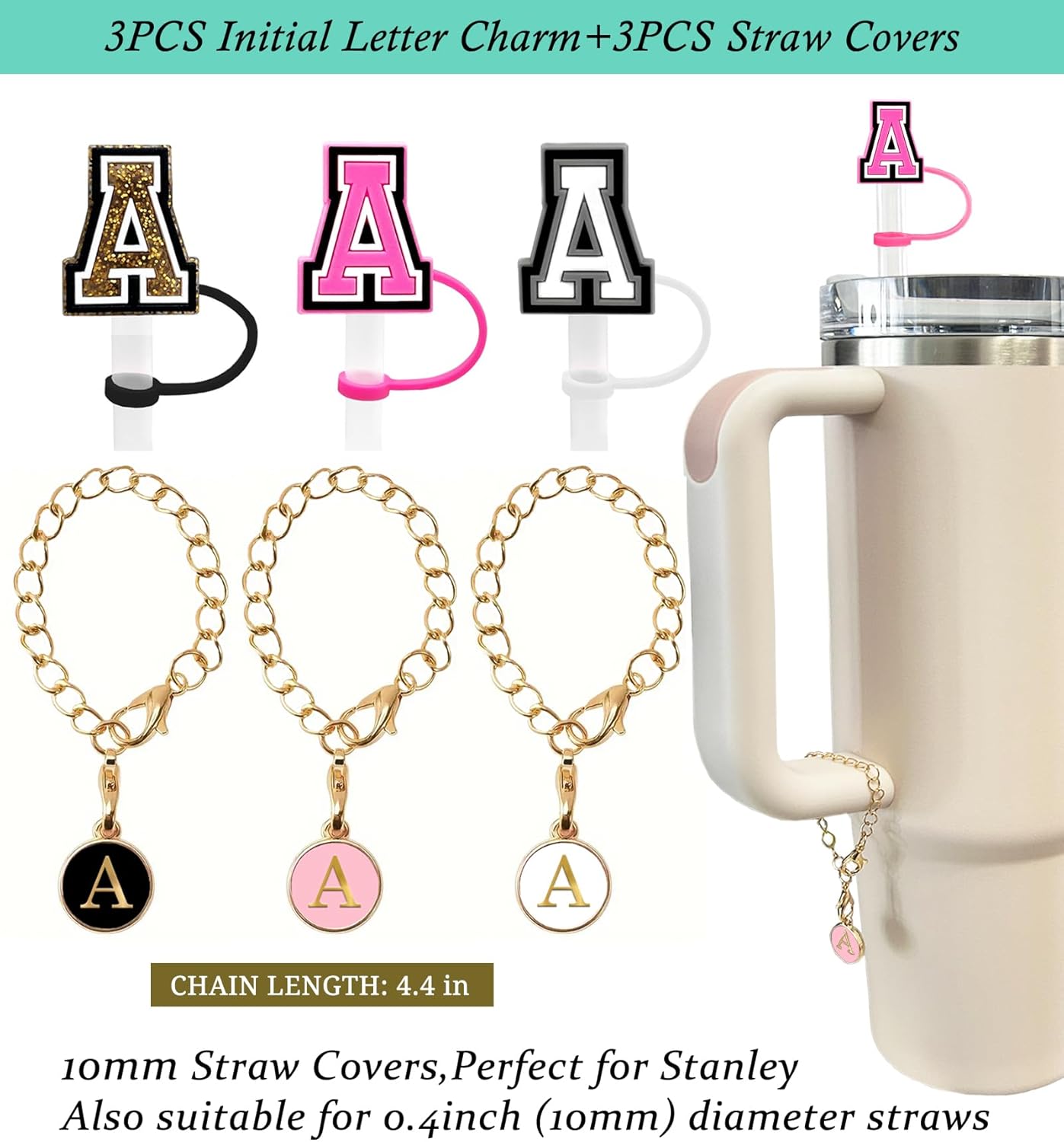 （3 +3) 3PCS Nuozme Straw Cover 10mm For Stanley Tumbler Cup Reusable Straw Cap Topper with 3 Initial Letter Charms Accessories Name ID Personalized Handle Charm For Stanley 30&40 Oz Cup Tumbler - Colors A