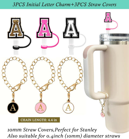 （3 +3) 3PCS Nuozme Straw Cover 10mm For Stanley Tumbler Cup Reusable Straw Cap Topper with 3 Initial Letter Charms Accessories Name ID Personalized Handle Charm For Stanley 30&40 Oz Cup Tumbler - Colors A