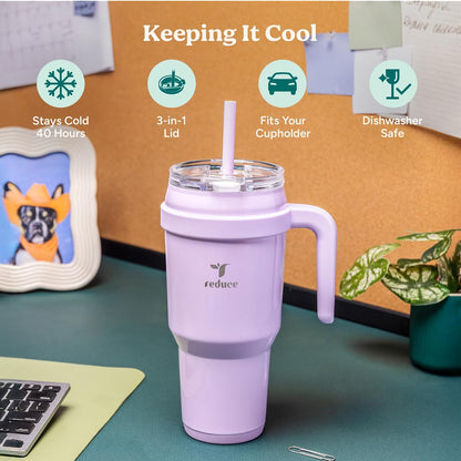 REDUCE 24 oz Stainless Steel Tumbler with Handle - Dual-Wall Vacuum Insulated Travel Mug, Sweat-Proof Lid & Reusable Straw - Keeps Drinks Cold for 24 Hrs, Fits Cupholders, Dishwasher Safe - Lilac Bud