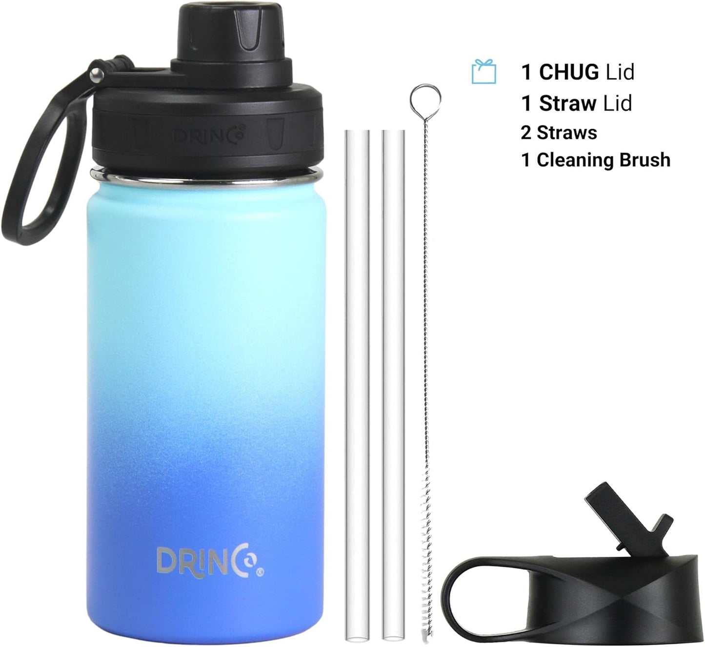 Drinco Stainless Steel Water Bottle Spout Lid Vacuum Insulated Double Wall Water Bottle Wide Mouth (40oz 32oz 22oz 18oz 14oz) Leak Proof Keep Cold Sport Camping Hiking (22 oz, 22oz Black)