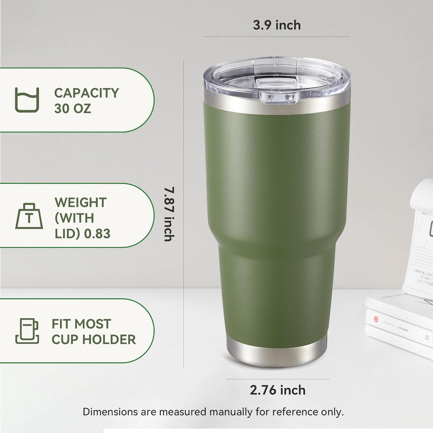 30 oz Tumbler with Lid Stainless Steel Tumblers Vacuum Insulated Cup Reusable Powder Coated Travel Mug Double Wall Leak Proof Portable Cups Keep Cold Drinks for 12 Hours, Stainless, 1 Pack