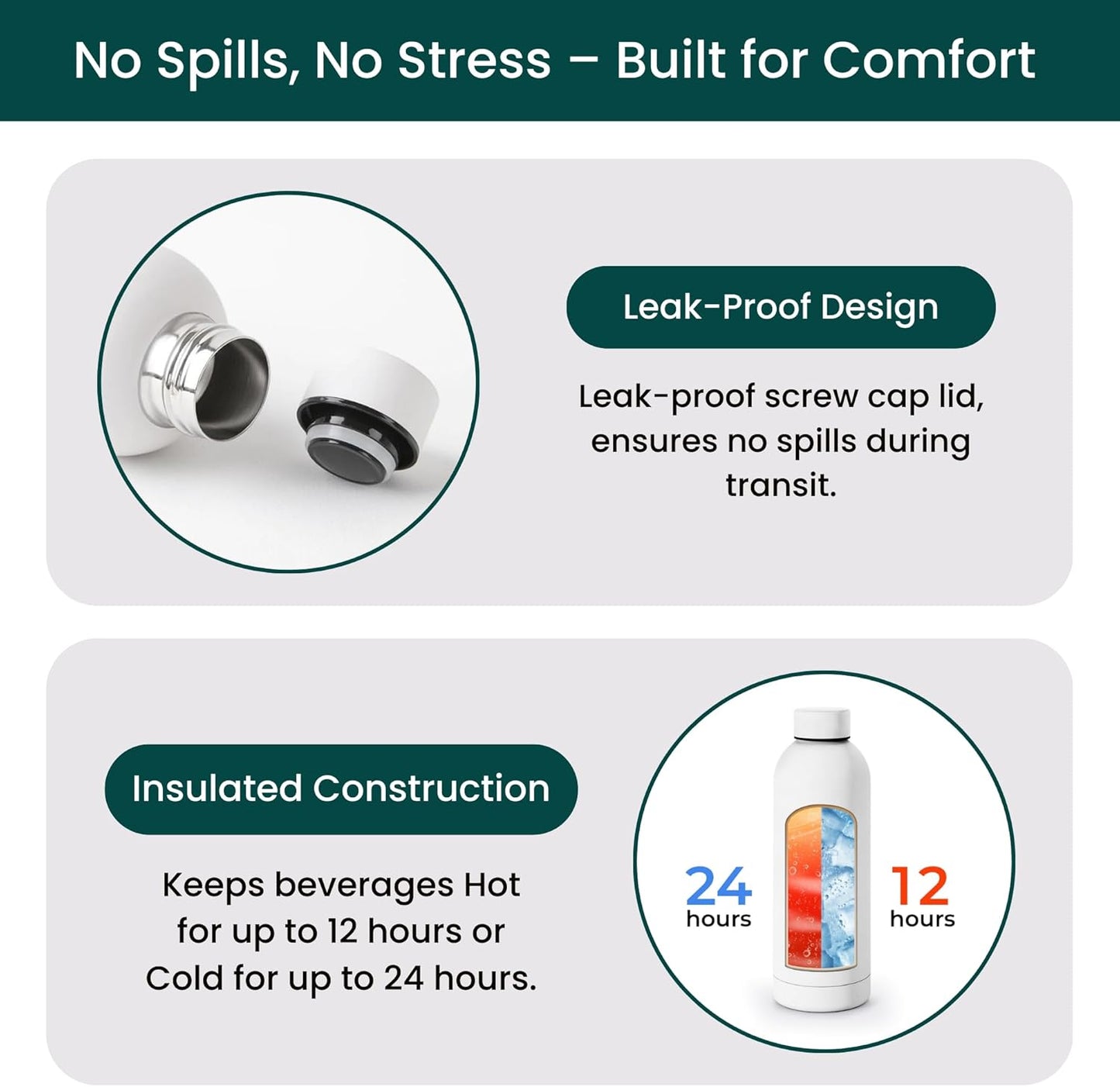 NOBL Stainless Steel Water Bottle,17 oz, 500 ml, Double Wall Vacuum Insulation, Sealed Bottle Keeps Drinks Cold 24 Hrs & Hot 12 Hrs, Leak Proof, Fits Noble Carry-On Cup Holder - Sand
