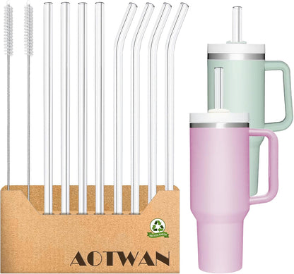 AOTWAN Glass Straws for Stanley 10 Pack 40/30 oz Tumbler,12inch Replacement Straw for Stanley 4 Straight and 4 Bent with 2 Brushesh,Reusable Glass Straws for Stanley Cup