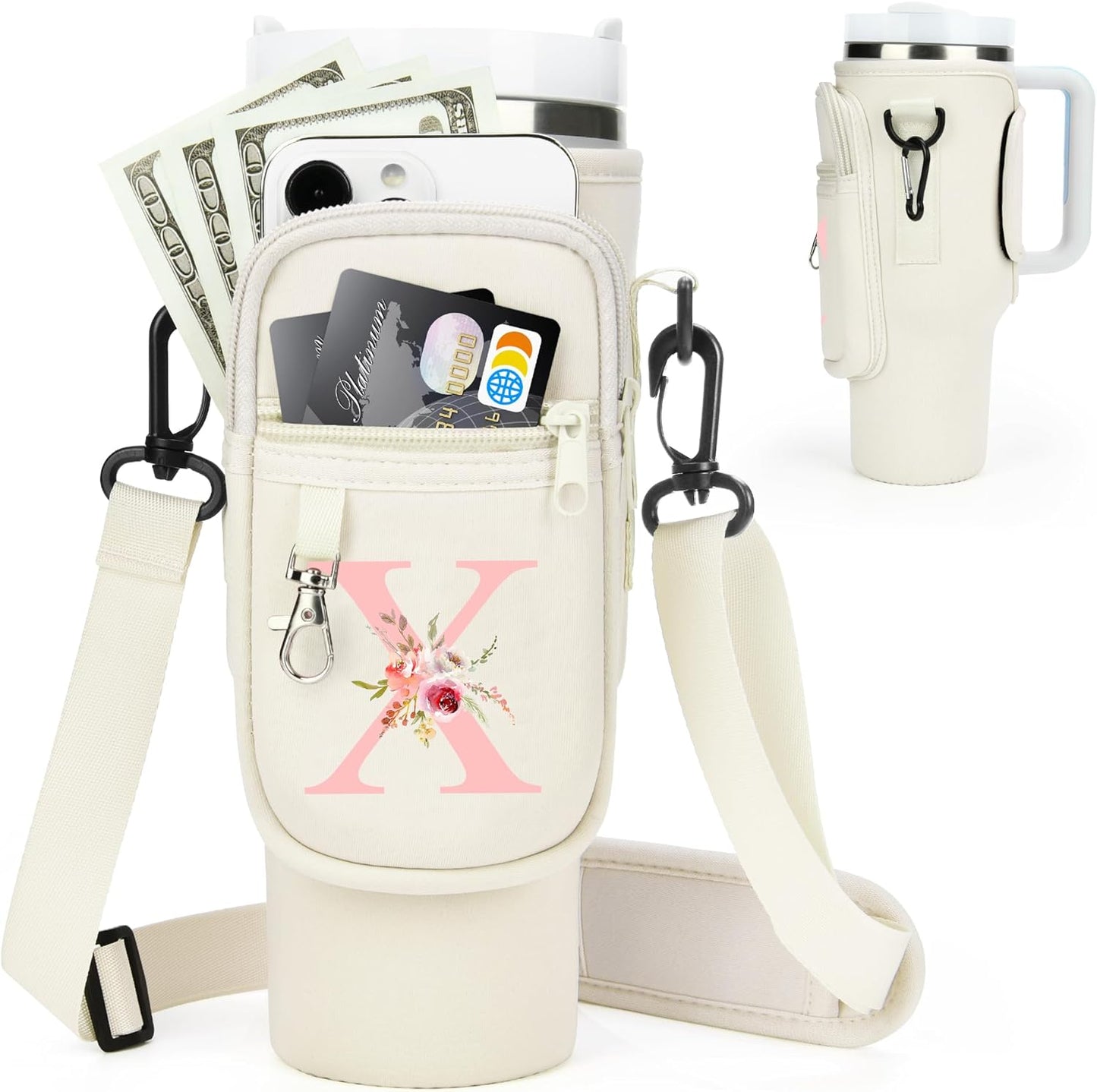Initial Water Bottle Holder with Strap for Stanley Cup Accessories 40 oz/Simple Modern Tumbler, Birthdays for Women Girls, Water Bottle Carrier Bag with Phone Pocket,Hiking Walking Gym Camping