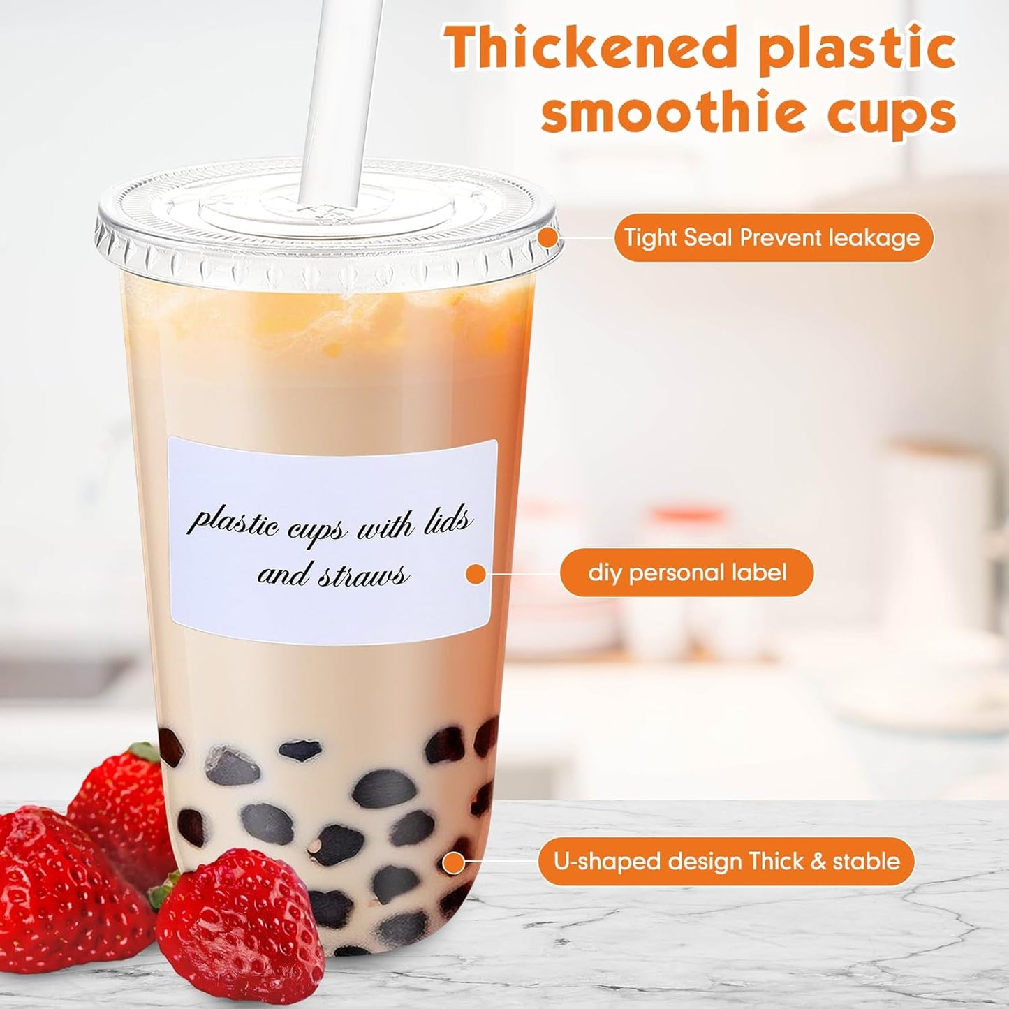 Ziliny 50 Sets Crystal Clear Plastic Cups with Lids, Straws and Stickers, Disposable Iced Coffee Cups Thickened PET for Iced Coffee, Bubble BobaTea, Smoothie, Cold Drinks, Juice, Shops (12 oz)