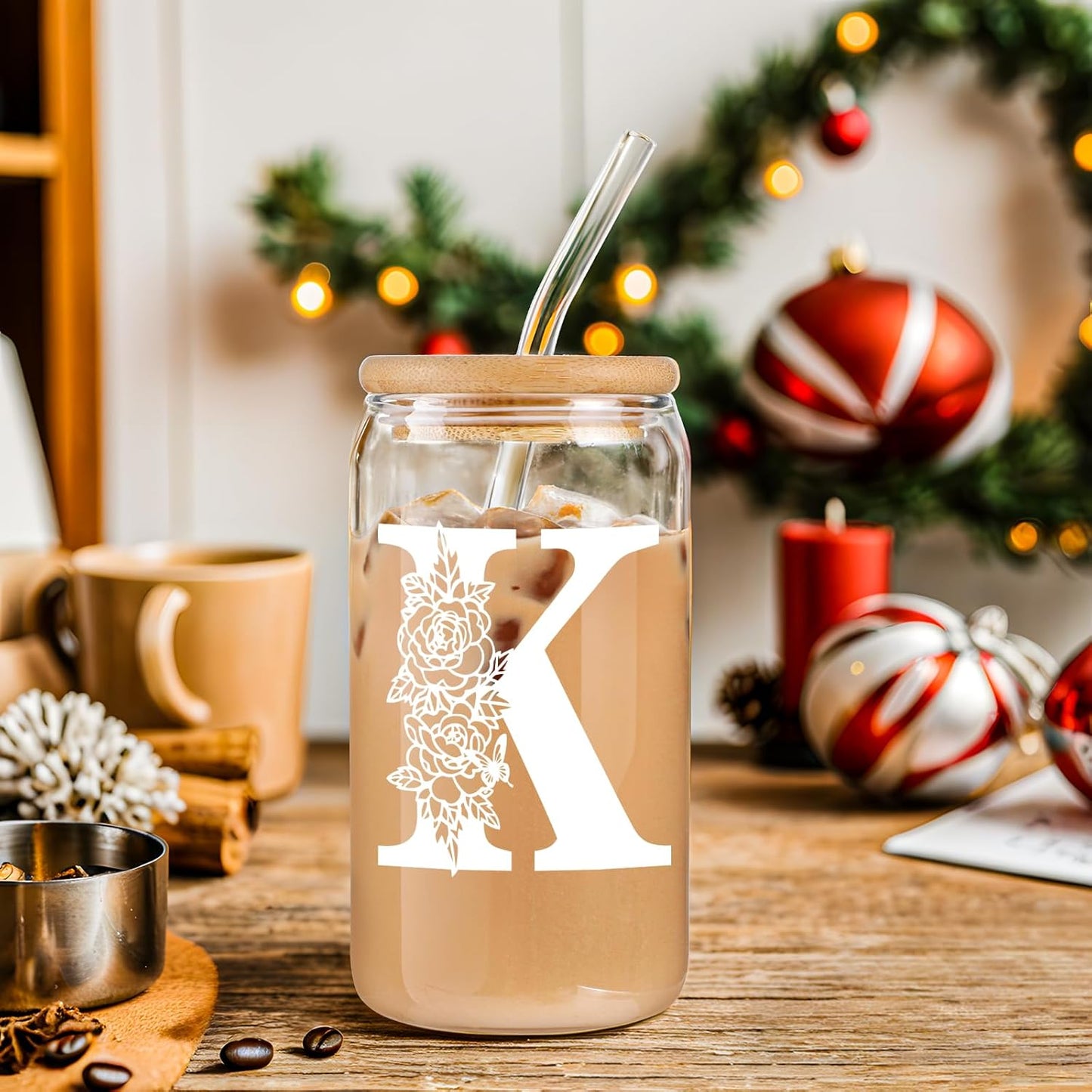 Glass Cups with Lids and Straws: Personalized Initial Glass Cup Be Used As Reusable Iced Coffee Cups with Lids,Cute Matcha Tumbler - The Christmas/Birthday Gifts for Women - M Smoothie Cup