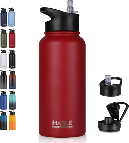 HASLE OUTFITTERS 32 oz Insulated Water Bottle Stainless Steel Double Walled Vacuum Sports Water Bottle with 2 Lids (Straw and Spout Lid) for Gym Camping Hiking(Black,1)