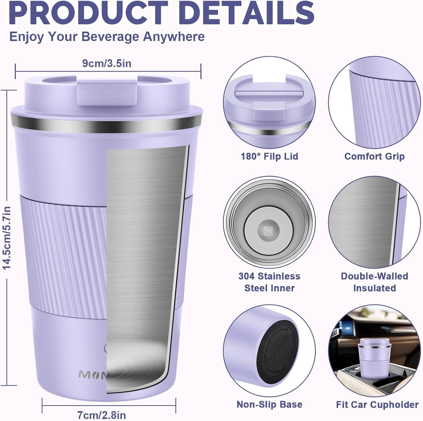 MOMSIV 12oz Travel Mug, Insulated Coffee Cup with Leakproof Lid, Travel Coffee Mug Vacuum Stainless Steel Double Walled Reusable Coffee Cup for Hot and Cold Water Coffee