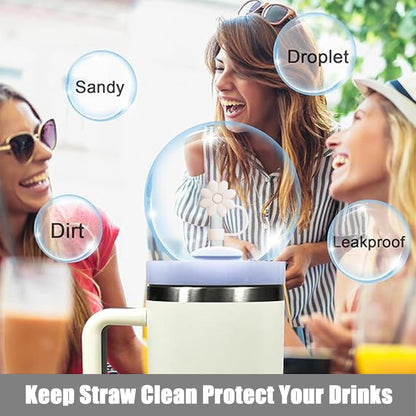 Flower Straw Covers Toppers for Stanley Cups 30&40 Oz Tumbler with Handle Accessories 4PCS Silicone Straw Caps Reusable Straws Tips Protectors for Stanley Cup 10mm 0.4in Straws,Off White