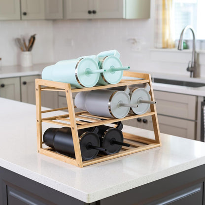 Honey-Can-Do 3-Tier Bamboo Water Bottle Organizer Rack - Stackable, Natural Wood Storage for Cabinet & Pantry