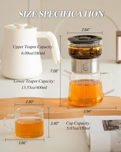 ZENS Modern Glass Infuser Teapot, One Touch Tea Maker for Loose Leaf Tea with Insulated Mug and Portable Case. Enchanted Pot Alternatives for Tea Lover Gifts