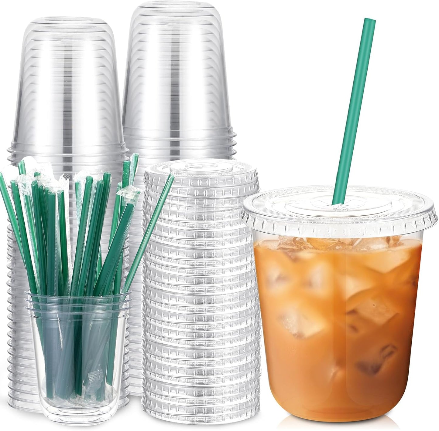 Baderke 25 Set Plastic Cups with Lids and Straws, Disposable Plastic Iced Coffee Cup for Cold Beverage Juice Smoothie Crystal for Coffee Shops Party Catering(Clear,16 oz)