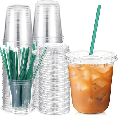 Baderke 25 Set Plastic Cups with Lids and Straws, Disposable Plastic Iced Coffee Cup for Cold Beverage Juice Smoothie Crystal for Coffee Shops Party Catering(Clear,16 oz)