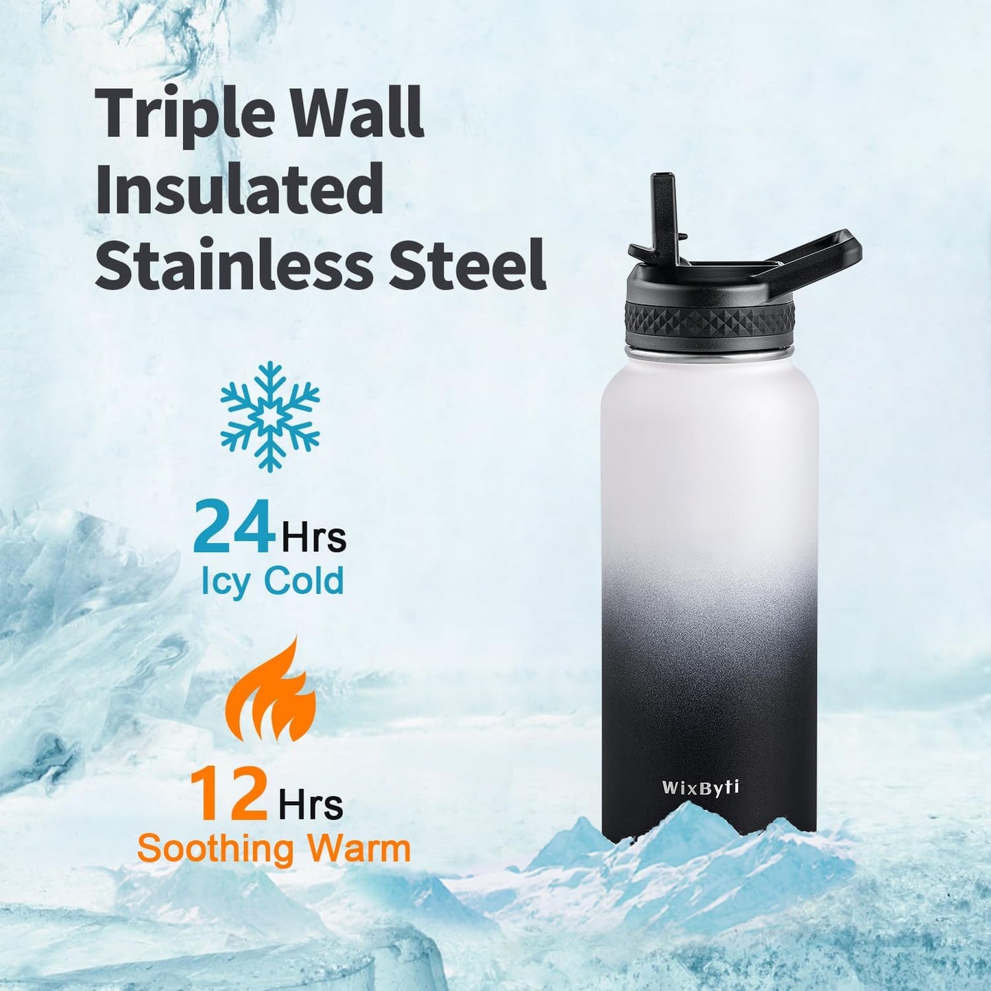 WixByti 40 oz Insulated Water Bottle with Straw (Cold for 36 Hrs), Stainless Steel Triple Wall Vacuum Sports Water Jug, Leakproof Hydro Cup Flask with Paracord Handle & Straw Spout Lids & DIY Stickers
