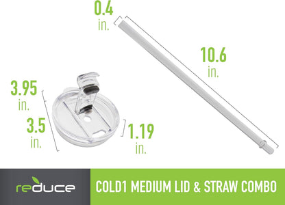REDUCE brand Cold1 Tumblers or Mugs 20-24oz mouth Replacement Lid (3.5 inch diameter) and Straw (10.6 inch) set, Clear, BPA Free, Dishwasher safe, Durable, Reusable, Spill Proof Lid, Medium