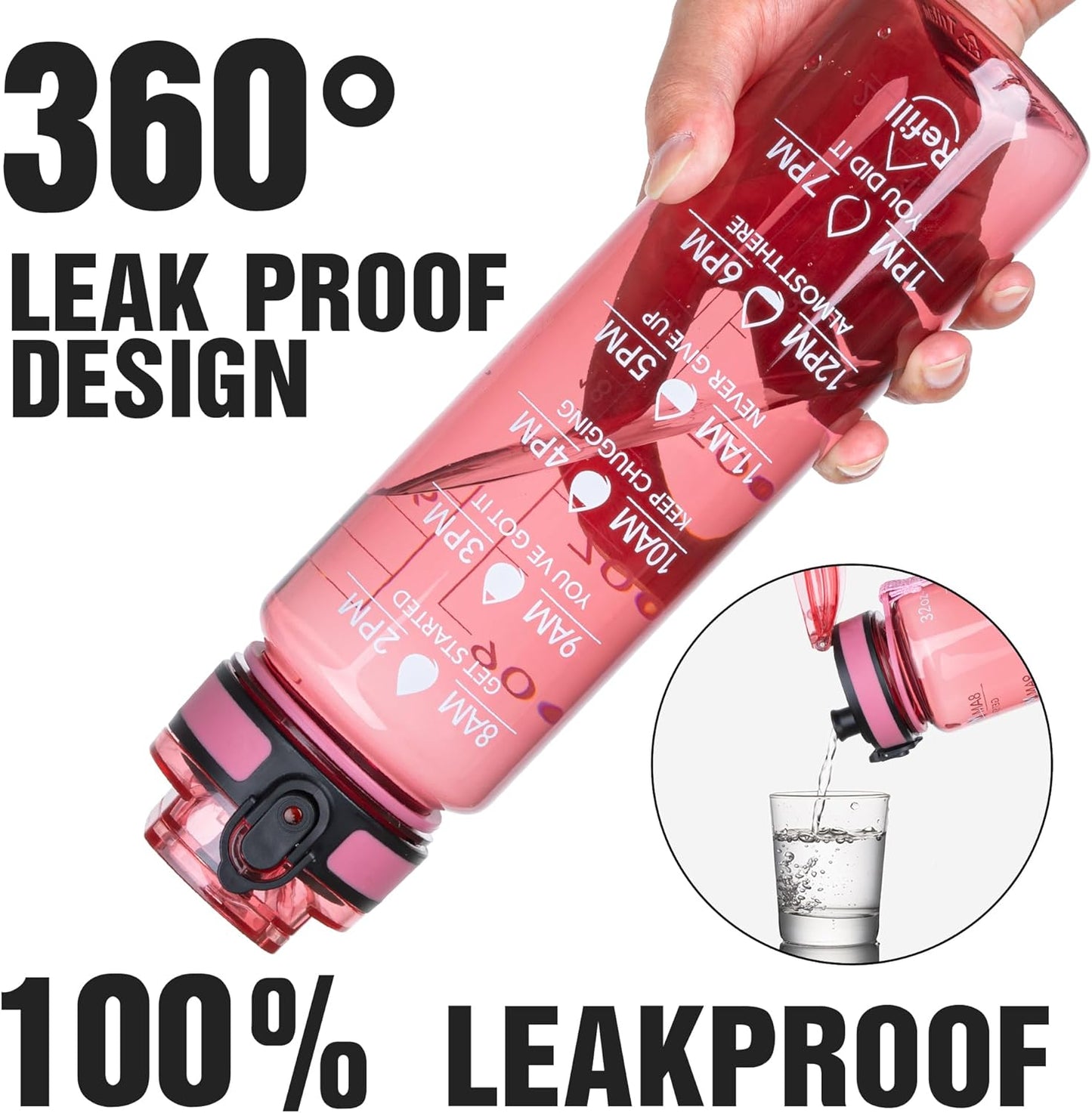 OLDLEY Water Bottle, 32oz Motivational Sports Water Bottle with Time Marker - Times to Drink - Tritan, BPA Free, Wide Mouth Leakproof, Clear (1 Bottle)