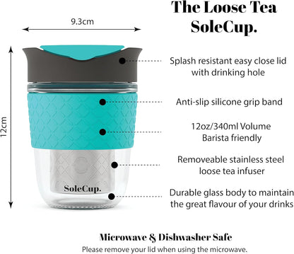 Travel Mug Loose Tea Infuser - Detachable Tea Strainer with Spillproof Lid - BPA-Free Reusable Glass Travel Coffee Cup with Silicone Band (Ice Cream, 12oz)