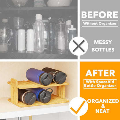 SpaceAid Bamboo Water Bottle Organizer with Labels, Kitchen Pantry Water Bottle Storage Rack for Cabinets, Home Cup and Wine Bottle Holder Shelf Organizers, (3-Tier, Hold 9 Bottles)