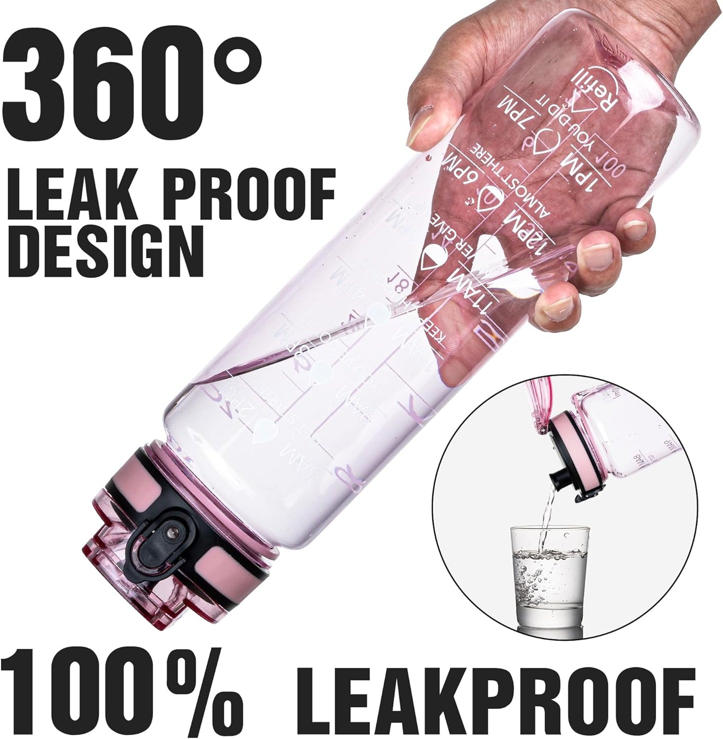 OLDLEY Water Bottle, 32oz Motivational Sports Water Bottle with Time Marker - Times to Drink - Tritan, BPA Free, Wide Mouth Leakproof, Clear (1 Bottle)