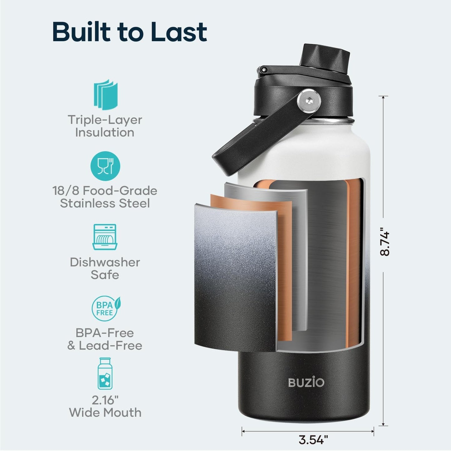 BUZIO 40oz Insulated Water Bottle, Triple Wall Vacuum Stainless Steel Water Flask with 2 lids, Lead-Free BPA-Free Straw Lid Sports Canteen Jug, Cold 48H & Hot 24H- Black - Colors A