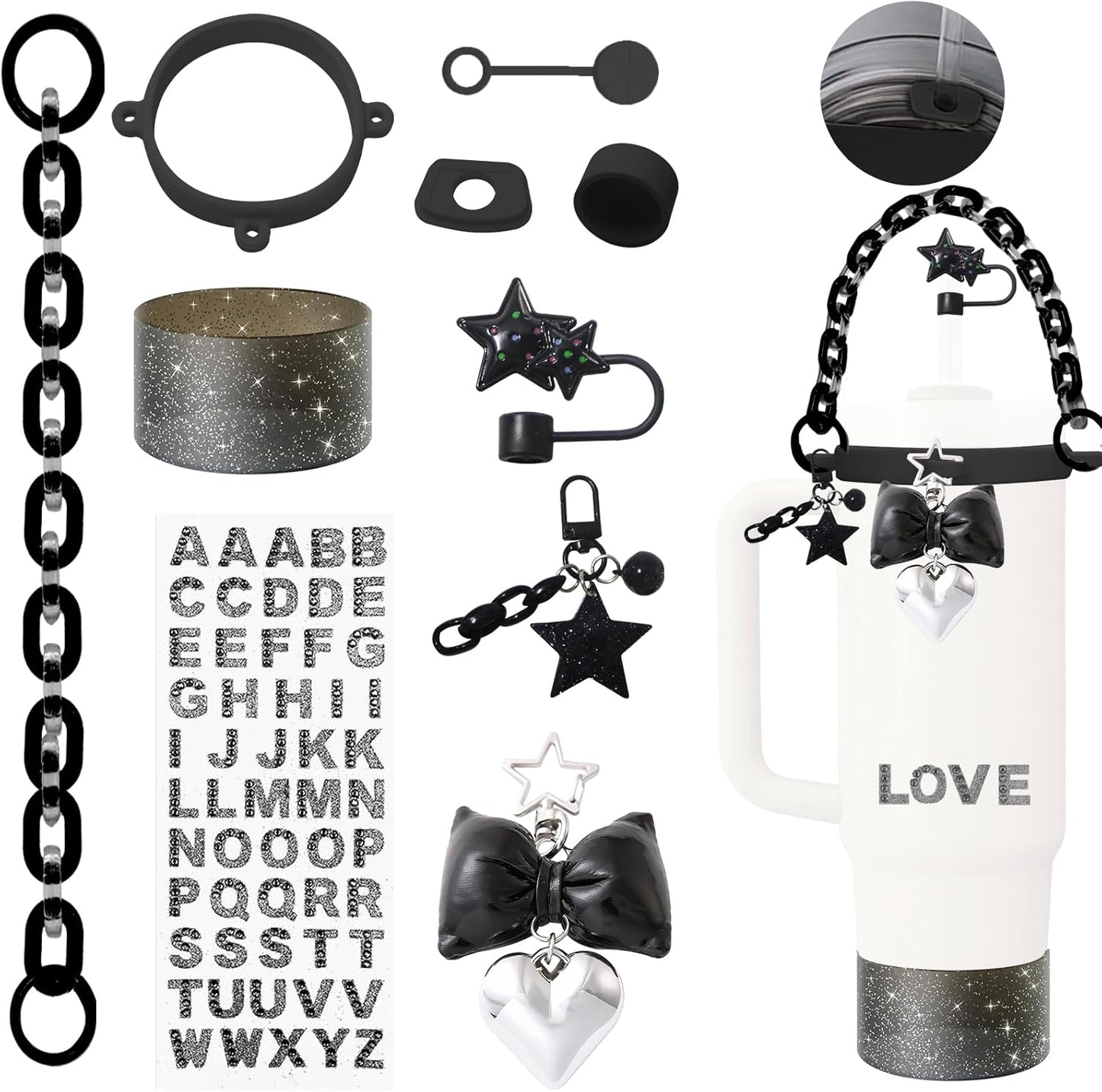 Accessories Set for Stanley Cup,Water Bottle Handle Strap,Straw Topper,Silicone Cover Cap and Boot,Keychain Charms,Handle Charms,Initials Sticker for Stanley Tumbler 40oz/30oz(Purple Ocean)