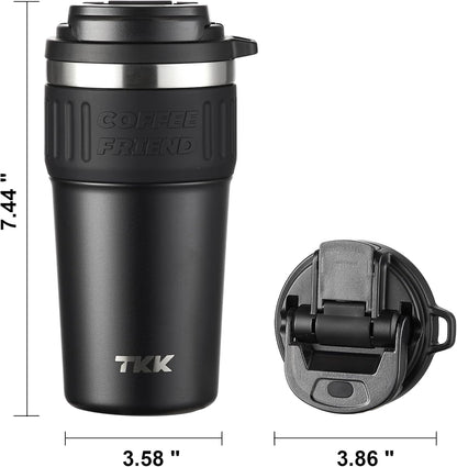 TKK Insulated Coffee Mug with Ceramic Coating, 21oz Iced Coffee Tumbler Cup with Straw Lid Double Wall Vacuum Leak Proof Travel Mug with Strap for Hot and Iced Beverage, Tungsten Steel