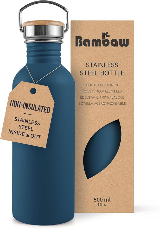 Bambaw Stainless Steel Water Bottles 32 oz, Non-insulated Single Wall Metal Water Bottle Stainless Steel, Reusable & Eco Friendly, Dishwasher Safe – Silver | Non-insulated