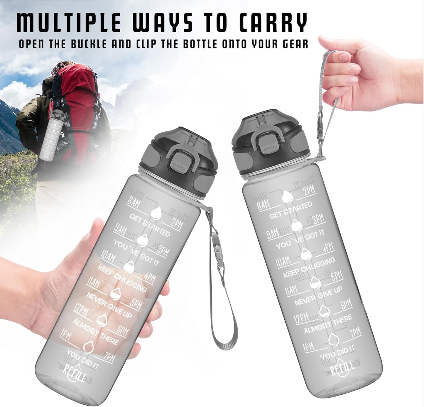 Enerbone 32 oz Drinking Water Bottle with Times to Drink and Straw, Motivational with Carrying Strap, Leakproof BPA & Toxic Free, Ensure You Drink Enough Water for Fitness Gym Outdoor
