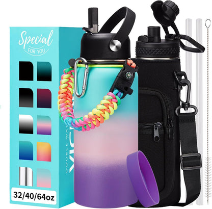 32/40/64OZ Insulated Water Bottle - Keep Cold 48H Hot 24H, Combo Straw/Spout Lids, Paracord Handle for Gym/Hiking, Carrier Bag +Strap, Cup Mat, BPA-Free Stainless Steel Flask Jug