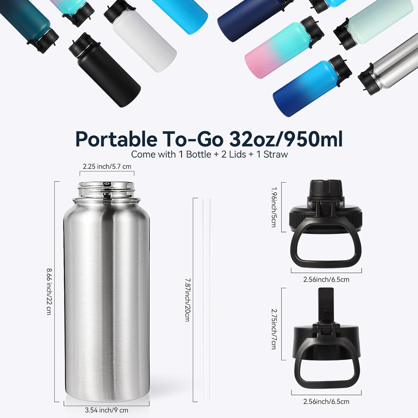 Neihepal 32 oz Insulated Water Bottle with 2 Lids (Straw & Spout Lid), 18/8 Stainless Steel Double Wall Water Bottles for Gym, Travel, Camping, Sports (Silver,1 Pack)