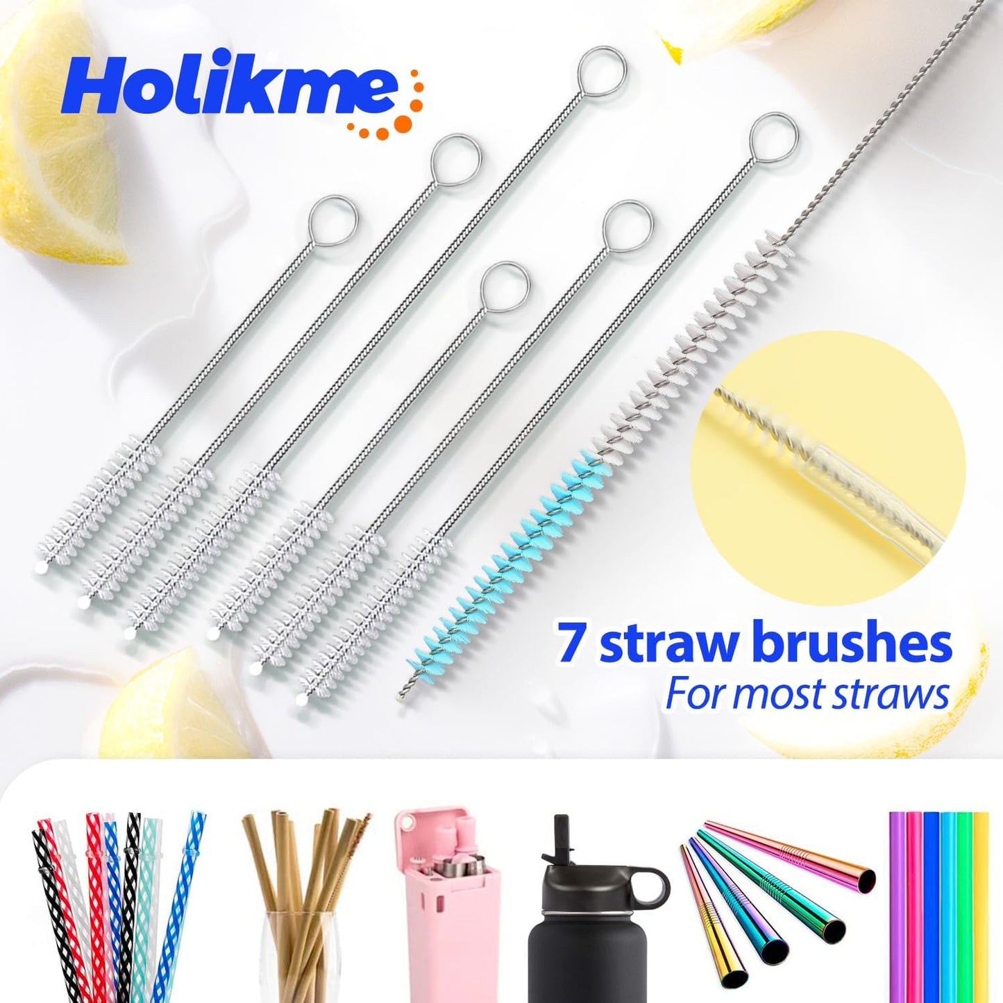 Holikme Bottle Brush Tube Cleaning Lab Set with Long Handle, Cup Cleaner for Washing Narrow Neck Beer Wine Decanter Pipes Lids Sinks Cap Covers, White