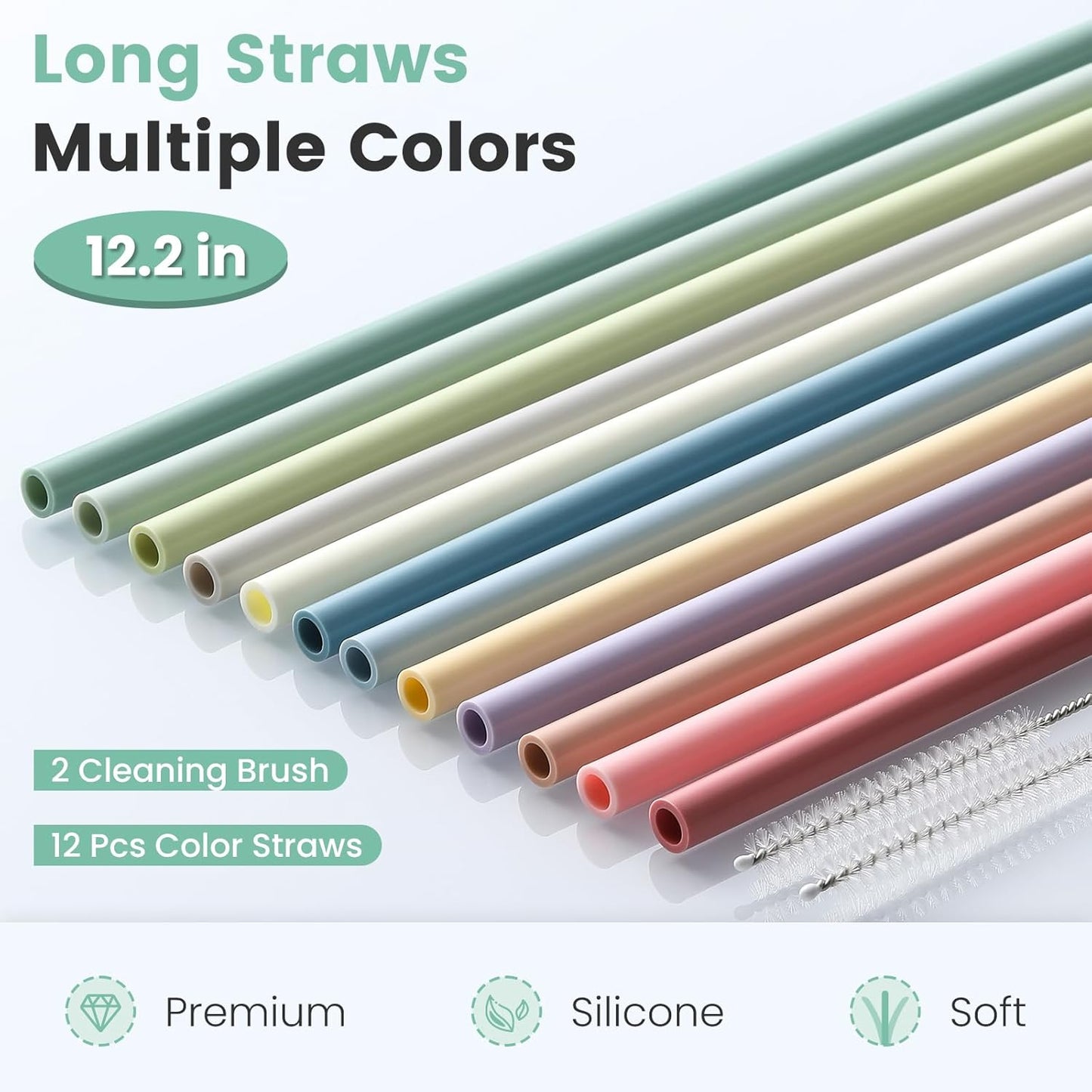 12 Pack Extra Long 14.5 inch Reusable Silicone Straws for Stanley 40 oz Tumbler 1 Gallon 128 75 64 OZ Tumbler, Large Water Bottle -Wine Bottle - Flexible Drinking Straws with 2 Cleaning Brushes