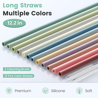 12 Pack Extra Long 14.5 inch Reusable Silicone Straws for Stanley 40 oz Tumbler 1 Gallon 128 75 64 OZ Tumbler, Large Water Bottle -Wine Bottle - Flexible Drinking Straws with 2 Cleaning Brushes