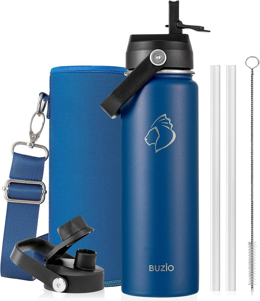 BUZIO 40oz Insulated Water Bottle, Triple Wall Vacuum Stainless Steel Water Flask with 2 lids, Lead-Free BPA-Free Straw Lid Sports Canteen Jug, Cold 48H & Hot 24H- Black - Colors B
