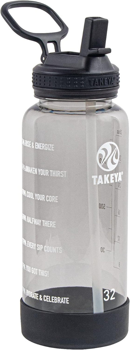 Takeya Motivational Water Bottle with Straw Lid and Time Marker (64 oz, Vivacity Purple) - Leakproof, BPA Free Water Bottle for Daily Intake Tracking