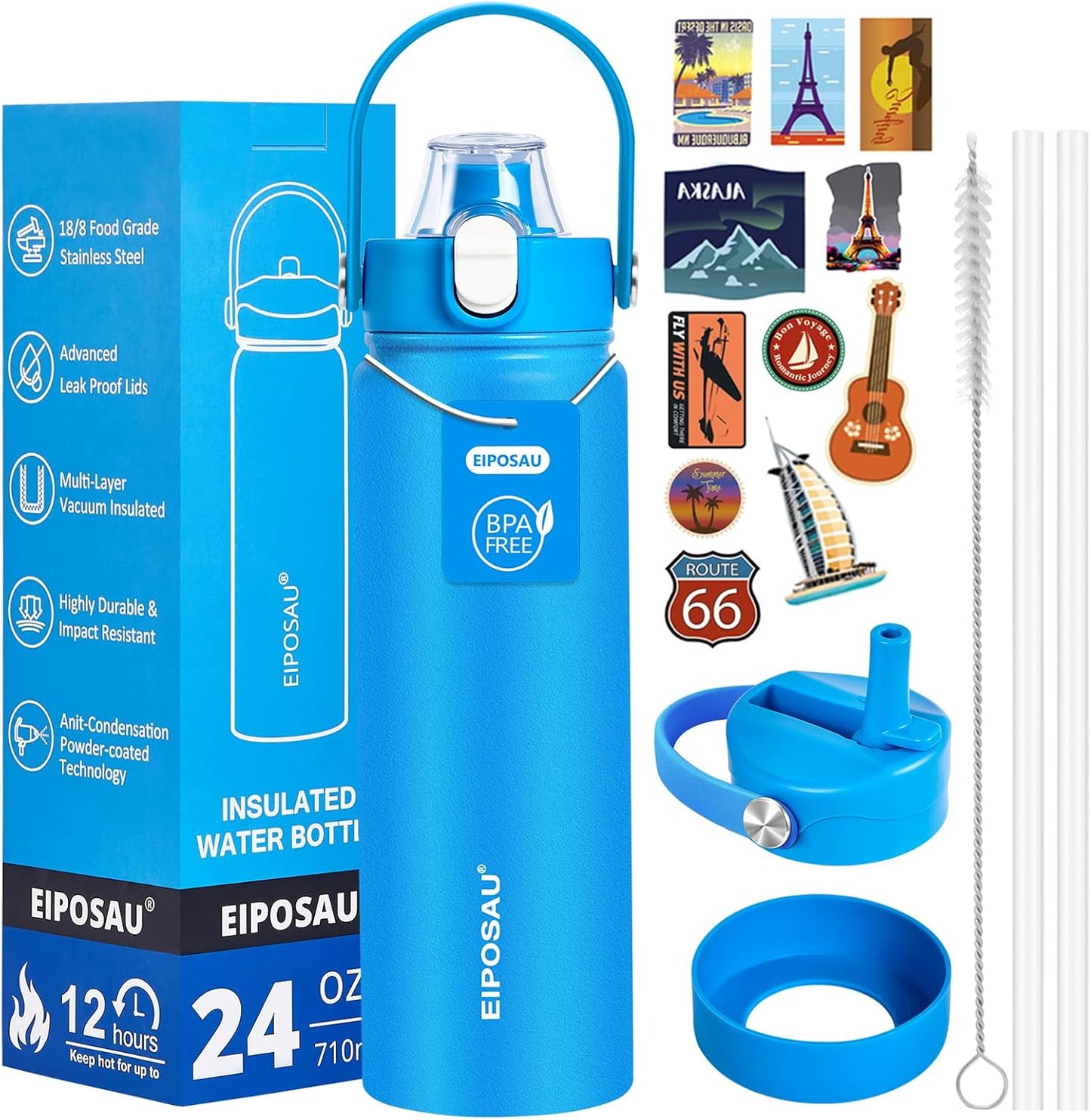 Insulated Water Bottle with Lid & Boot & Stickers, 24 oz Stainless Steel Sweat Free Bottle Keep Cold 24H, BPA-Free Sports Wide Mouth Water Bottle, BlueBlack