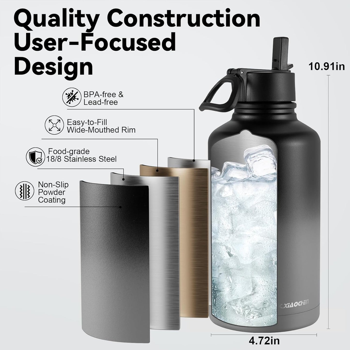 KXIAOCHEN Insulated Water Bottle With Strap, Cold For 48 Hrs Leak Proof, Triple Wall Stainless Steel Sports Water Bottle With Straw And Spout Lid For Gym Hiking Travel