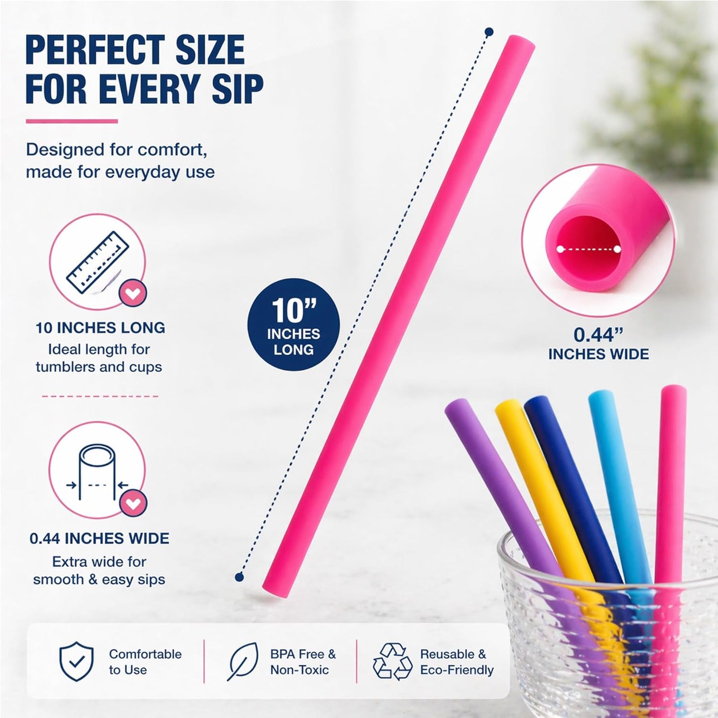 Reusable Silicone Drinking Straws - Set of 5 - BPA Free - Free Cleaning Brush Included - 10" Long Extra Wide Fat Straws - Great Gift for Smoothies & Bubble Tea Lovers